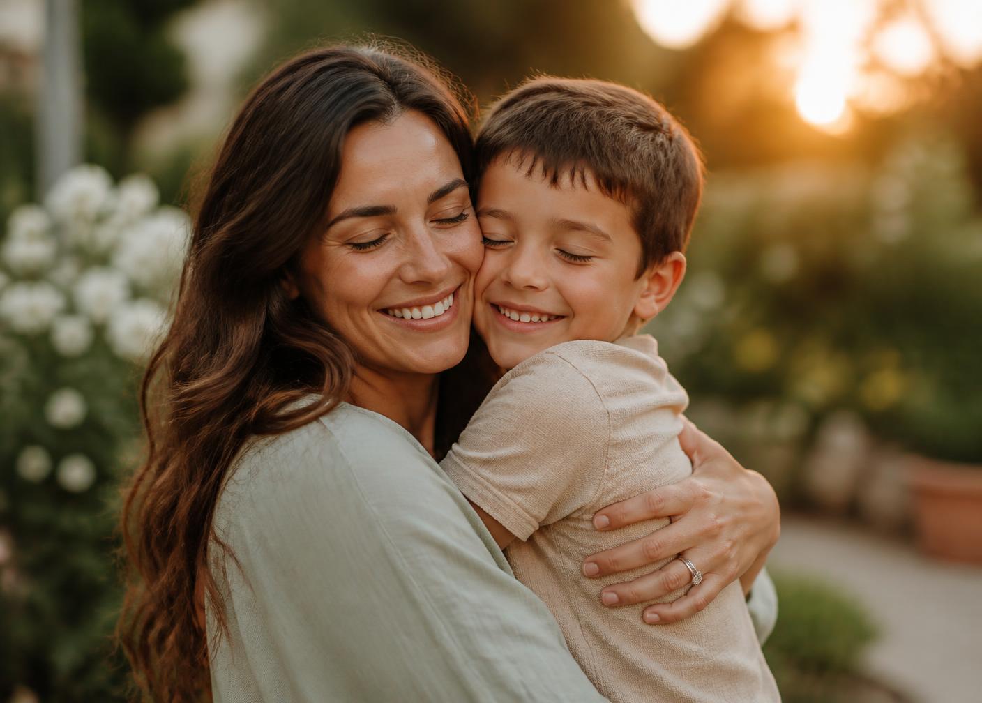 A mother hugging her young son outdoors at golden hour