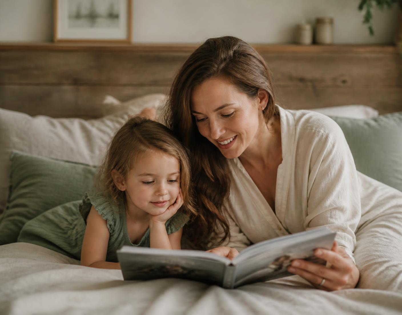 A mother and her young daughter reading a book together on a bed
