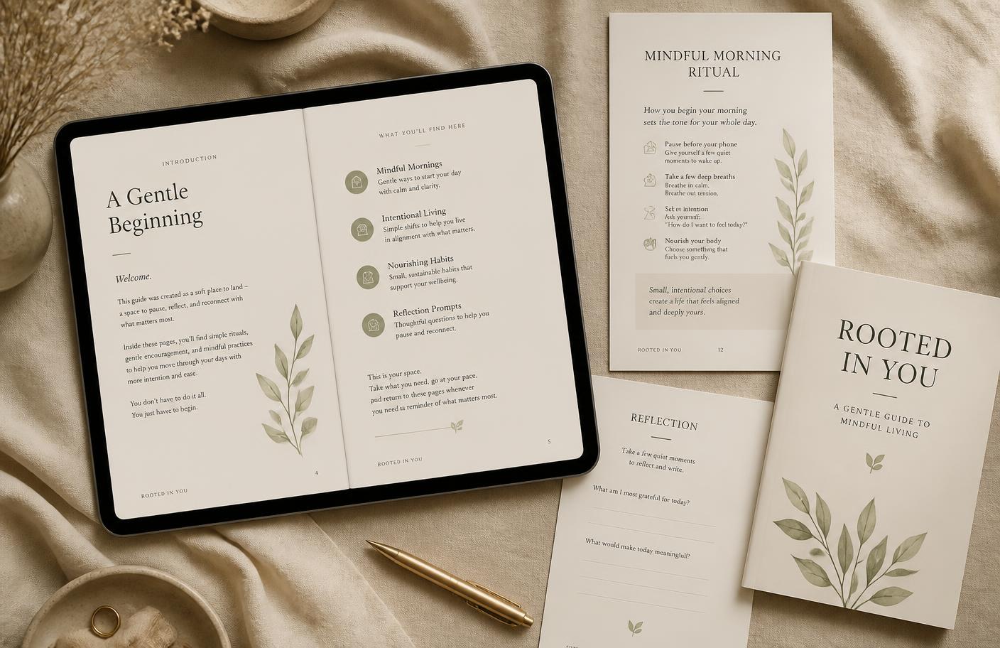 Preview of the guide's interior pages on a tablet and printed samples