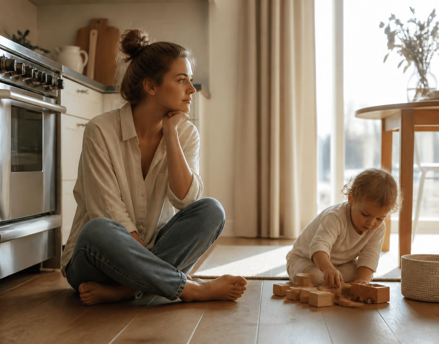 A mother sitting quietly on the kitchen floor while her toddler plays nearby